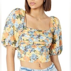 Abercrombie & Fitch Square Neck Ruched Puff Sleeve floral Top 35432